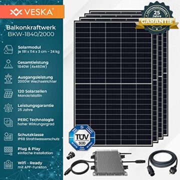 VESKA Balkonkraftwerk 1840 W / 2000 W Photovoltaik Solaranlage Steckerfertig WiFi Smarte Mini-PV Anlage 1840 Watt - 3